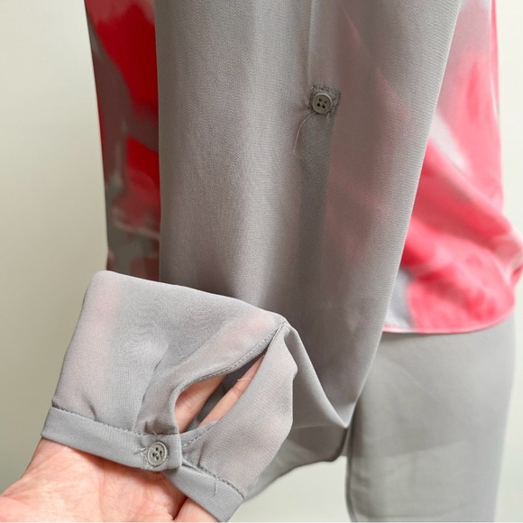 T Tahari | Grey/Pink Watercolor Print Layered Roll-Tab Button Down Blouse - Picture 6 of 16